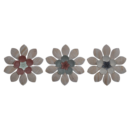 Stratton Home Decor Farmhouse Set of 3 Multicolor Wood and Metal Flowers Wall Decor