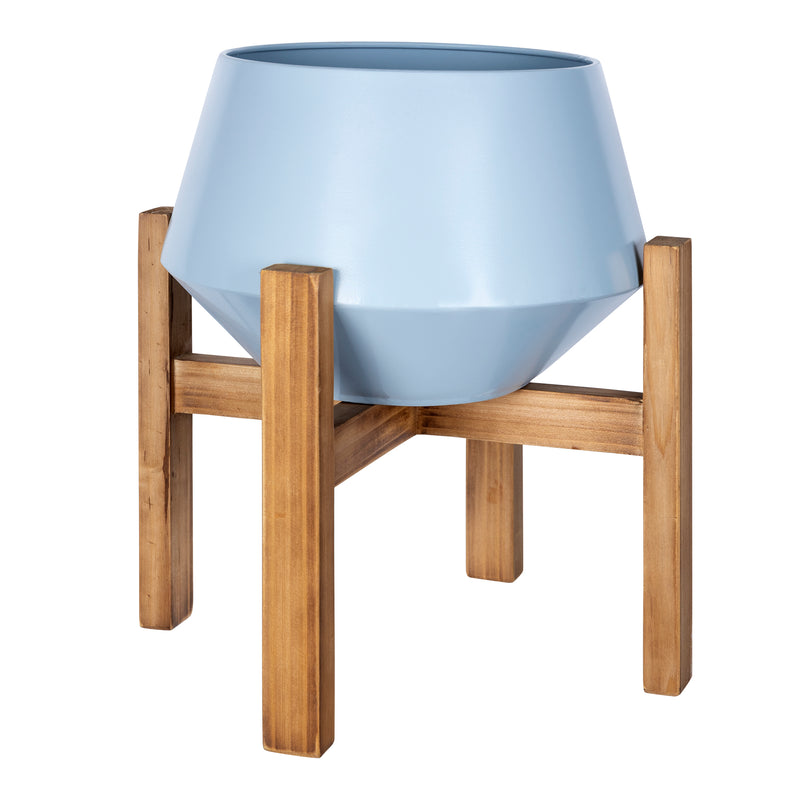 Stratton Home Decor Modern Matte Blue Metal and Wood Plant Stand