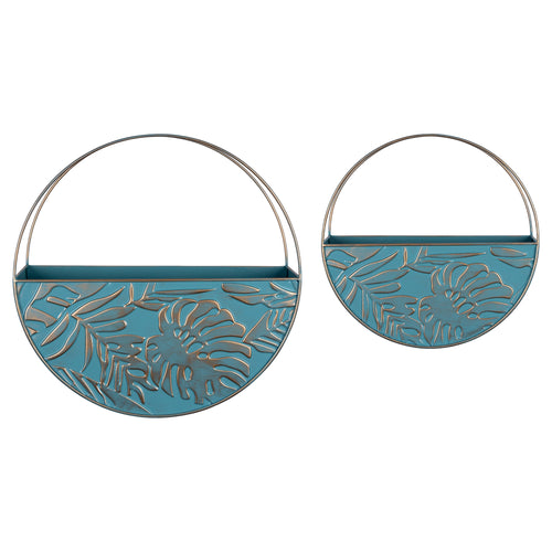 Stratton Home Decor Boho Set of 2 Round Blue and Gold Metal Wall Planters